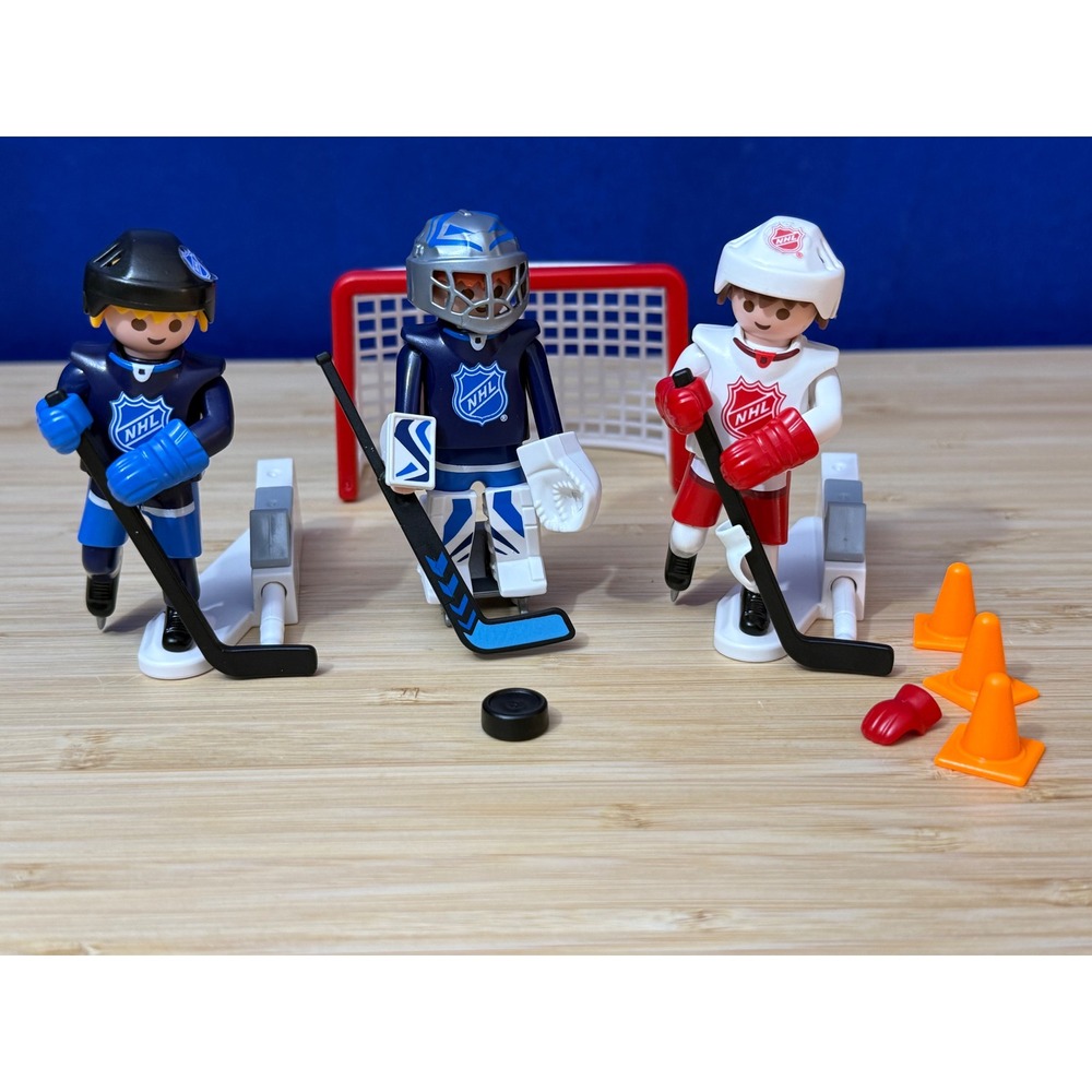 Playmobil NHL Hockey Figures Set 3 Players Goalie Net Cones Puck 10 12 30